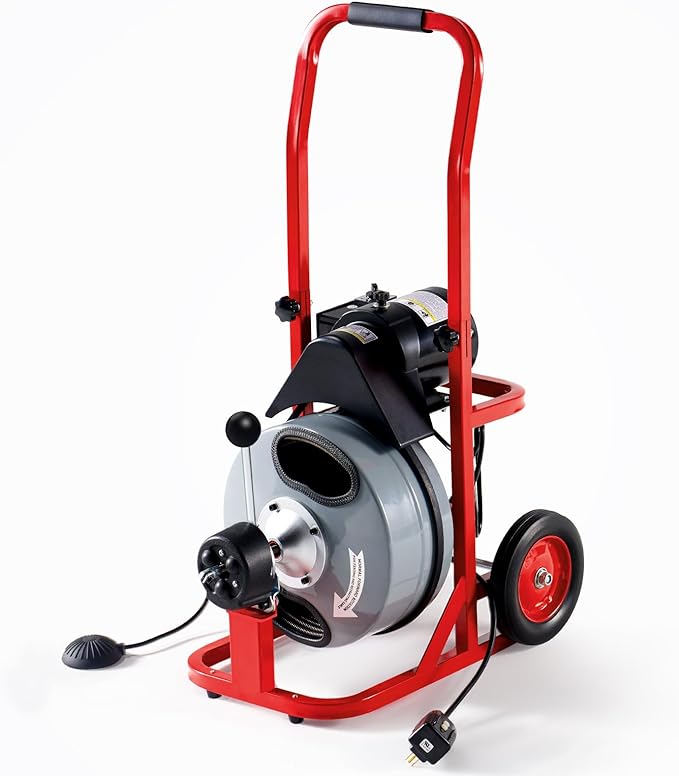Albott 75 FT x 3/8 inch Electric Drain Cleaner Machine with Auto-Feed & 10 Cutters, Sewer Snake Auger for 1–4 Inch Pipes, Foot Switch & Wheels, Ideal for Commercial & Home Use, Gray/Red