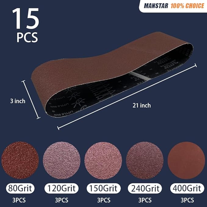 15 Pcs 3 x 21 Inch Assorted Aluminum Oxide Sanding Belt,80/120/150/240/400 Grit