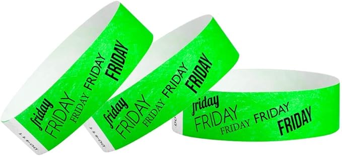 500 WristCo Friday Neon Green Tyvek Wristbands for Events - ¾” x 10” - Waterproof Recyclable Comfortable Tear Resistant Paper Bracelets Wrist Bands for Concerts Festivals Admission Party