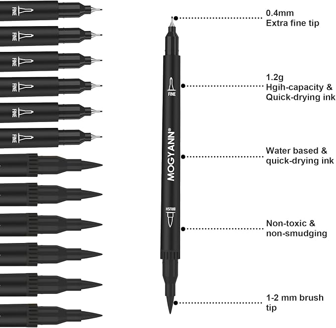Drawing Pens, 12 Pack Dual Brush Pens Black Markers - Image 2