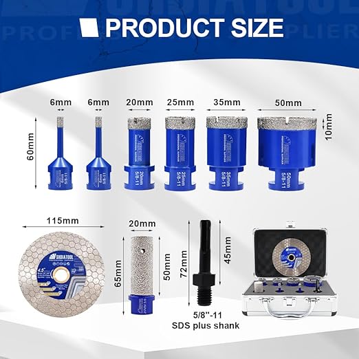 SHDIATOOL Diamond Tile Drill Bits Kit 9pcs, Porcelain Hole Saw Sets, Core Bits Cutter for Drilling Ceramic Marble Granite (6/6/20/25/35/50MM/20MM/SDS/4.5")