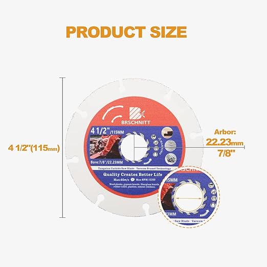 Carbide Multi Wheel,BRSCHNITT 10pcs 4-1/2 Inch (115mm) with Arbor 7/8" Tungsten Carbide Cut Off Wheel for Wood,Laminate,Gypsum Board,Plastic for Angle Grinder Cutting Disc