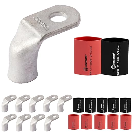 SELTERM 10pcs - 2/0 AWG 5/16" Stud 90° Bent Battery Lugs- Ring Terminal Connectors with 12pcs 3:1 Black & Red 3/4" Heat Shrink Tubing - Heavy Duty Battery Cable Ends - Tinned Copper Wire Connector Kit