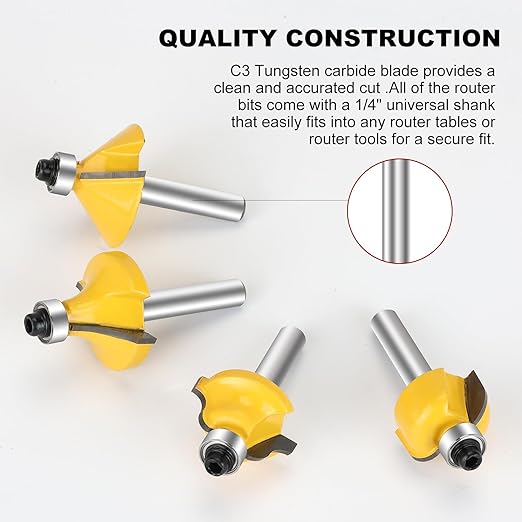 Router Bits Set 1/4 Inch Shank 15 Pieces 1/4 Inch Tungsten Carbide Router Bits Woodwork Tools for Doors,Tables,Shelves,Cabinets,DIY Woodwork