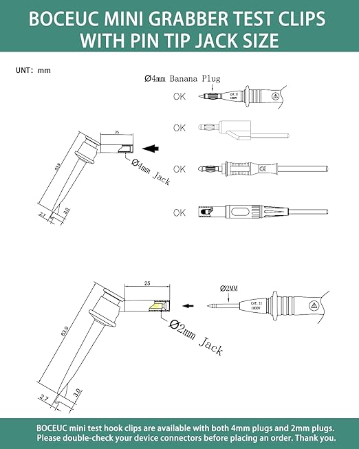 Mini Grabber with 4MM Banana Jack, Mini Test Hook Clips for Multimeter Leads Push on Probe(2PCS)