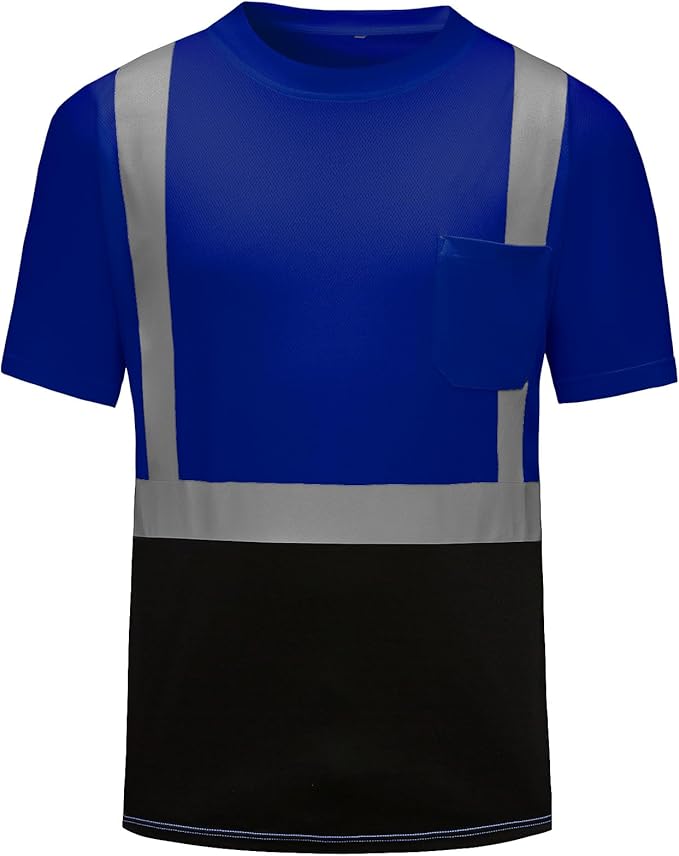 High Visibility Shirts Quick Dry Safety T Shirts with Reflective Strips and Pocket Short Sleeve Mesh Hi Vis Construction Work Class 2 Shirt for Men/Women Black Bottom Blue,3XL