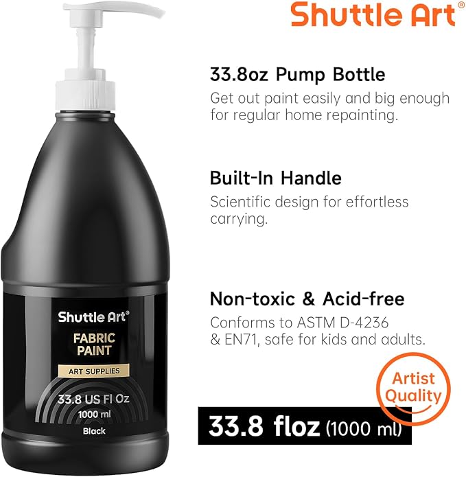 Shuttle Art Black Fabric Paint, 33.8 oz Large Bottle - Image 3