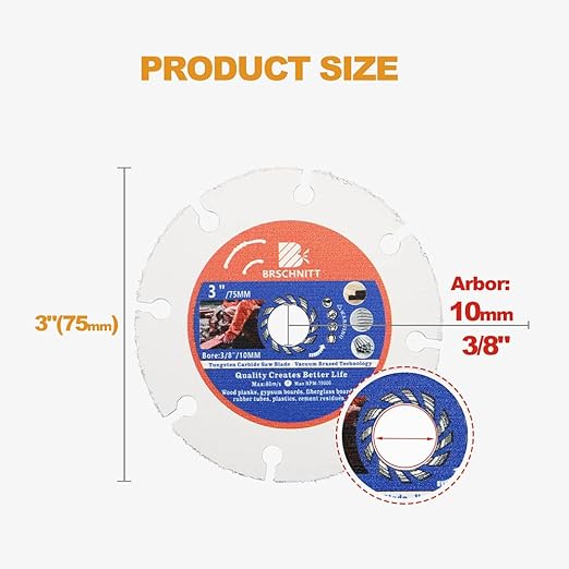 Carbide Multi Wheel,BRSCHNITT 10pcs 3 Inch (75mm) with Arbor 3/8 Inch (10mm) Tungsten Carbide Cut Off Wheel for Wood,Laminate,Gypsum Board,Plastic for Angle Grinder Cutting Disc
