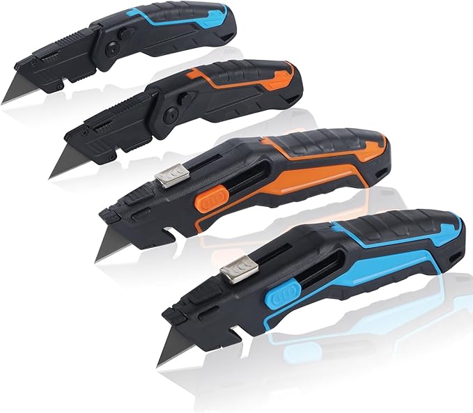 Lichamp Utility Knife 4 Pack, Quick-Change Razor Box Cutter 2-in-1 Retractable Knives and Folding Knife Set, Blade Storage in handle with 16-Pieces SK2 Blades Included