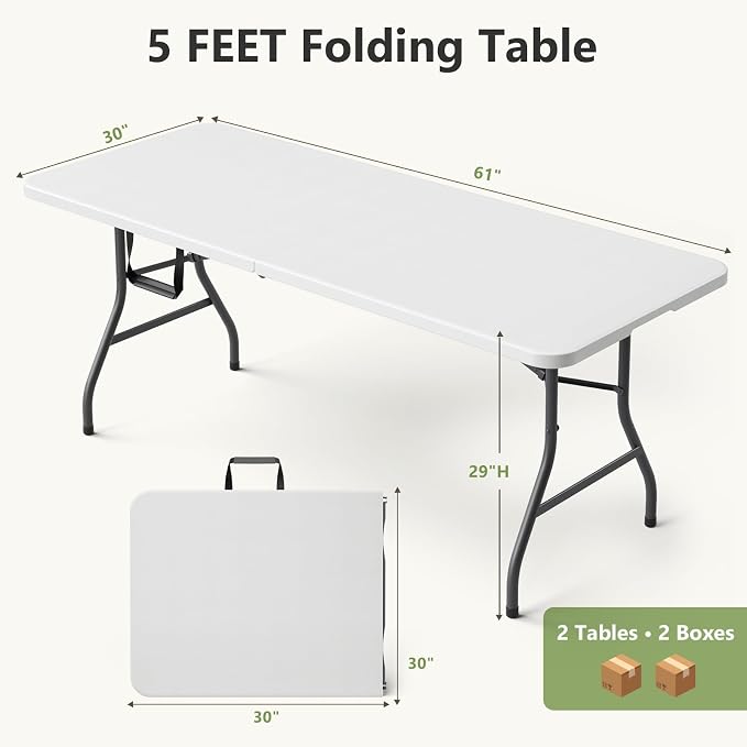 Folding Table 2 Pack, 5 FT Foldable Plastic Table - Image 3