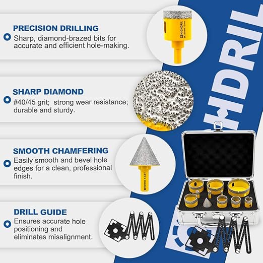 HIGHDRIL Multi Angle Measuring Ruler 5-Hole Drill Locator & Diamond Drill Bit Kit Triangle Shank for Porcelain Tile Ceramic Marble (6/8/10/20/25/28/35/45/50/65+35mm Hex Shank Chamfer Beveling Bit)