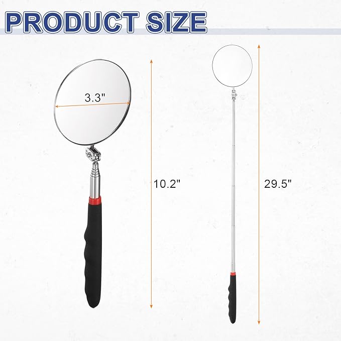 HARFINGTON Telescoping Inspection Mirror 3.3" Round 10.2" to 29.5" 360 Degree Stainless Steel Inspection Swivel Head Extendable Mirrors with Pocket Clip for Technicians Mechanics, Black