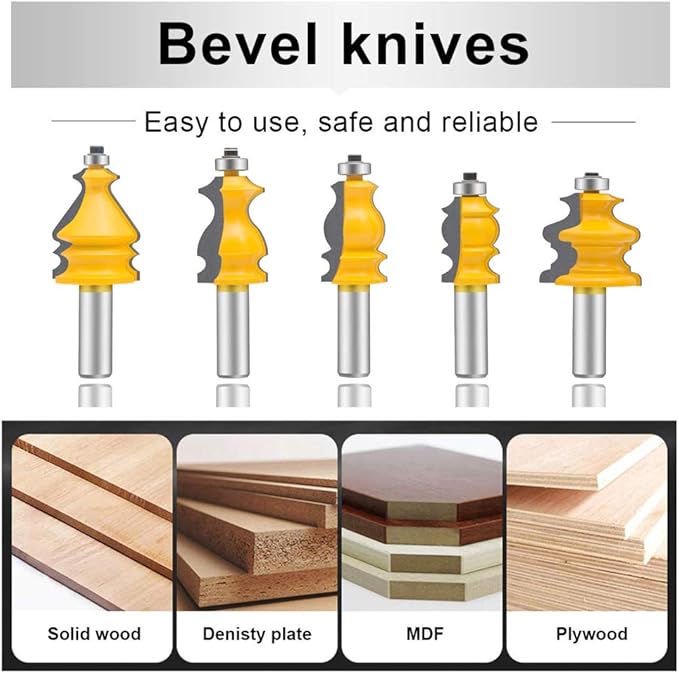 LEATBUY Router Bit Set 5 PCS 1/2-Inch Shank Architectural Molding Corner Round Edge Door Cabinet Shelf Wood Table Woodworking Mill Cutter Tool, Carbide CNC Router(1/2-line)
