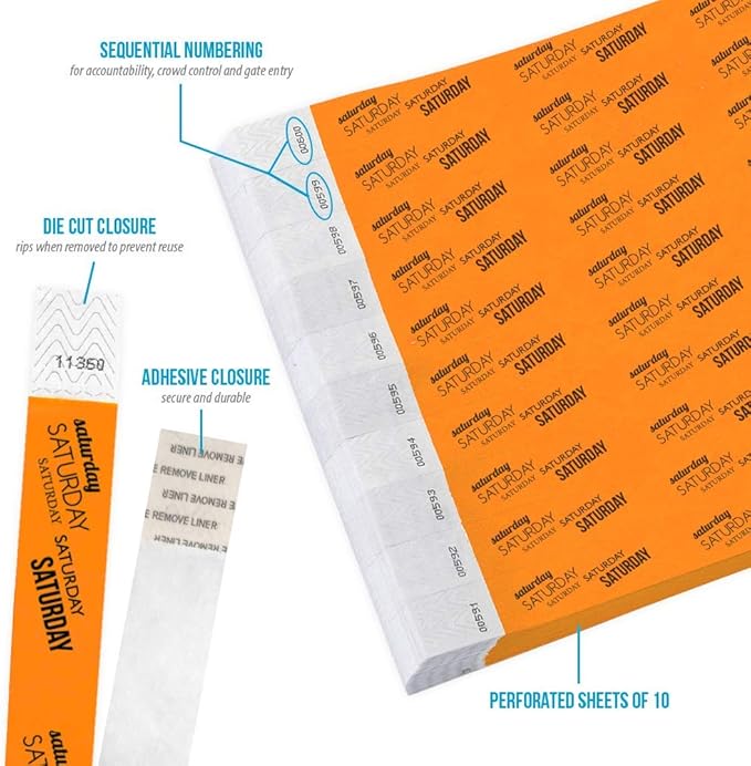 500 WristCo Saturday Neon Orange Tyvek Wristbands for Events - ¾” x 10” - Waterproof Recyclable Comfortable Tear Resistant Paper Bracelets Wrist Bands for Concerts Festivals Admission Party