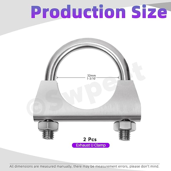 Swpeet 2Pcs 1.3 Inches Exhaust U Clamp Kit, 1-3/10 Inches Stainless Steel Muffler U-Bolt Clamps, Universal Heavy Duty U-Bolt Muffler Clamp Ideal for Tip Pipes Connection