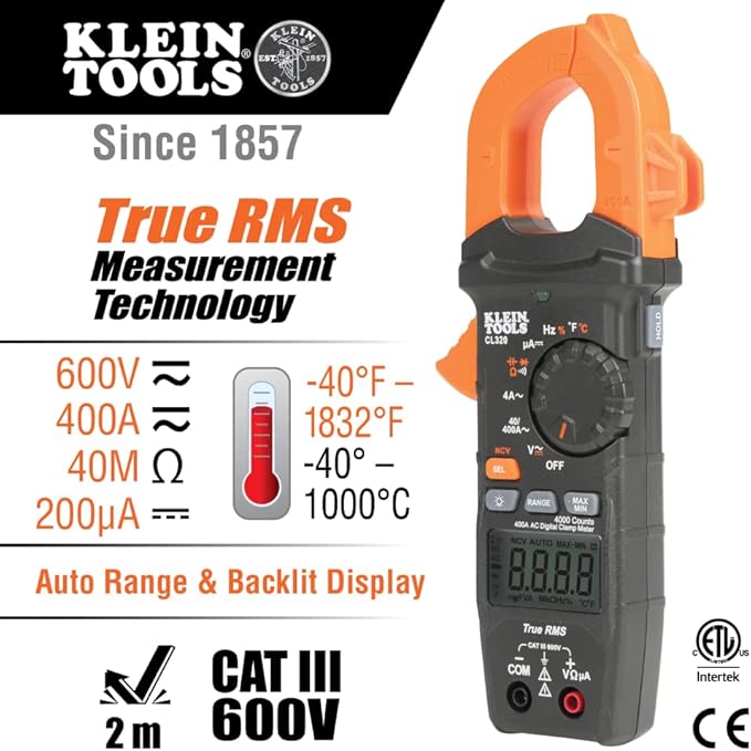 Klein Tools CL320KIT HVAC Kit for HVAC Testing; Digital Clamp Meter, Non-Contact Voltage Tester, and Infrared/Probe Thermometer