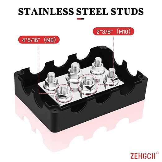 500A Bus Bar - ZEHGCH Weather Proof Power Distribution Block with 4 * 5/16"(M8)+2 * 3/8"(M10) Studs 48V DC - Heavy Duty Automotive Marine Battery Terminal Blocks with Cover - Negative&Positive