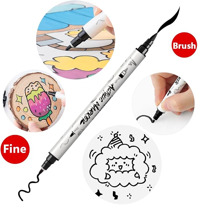 TRANSON 4 Black and 4 White Paint Markers Brush and Fine Dual-tip Acrylic Paint - Image 3