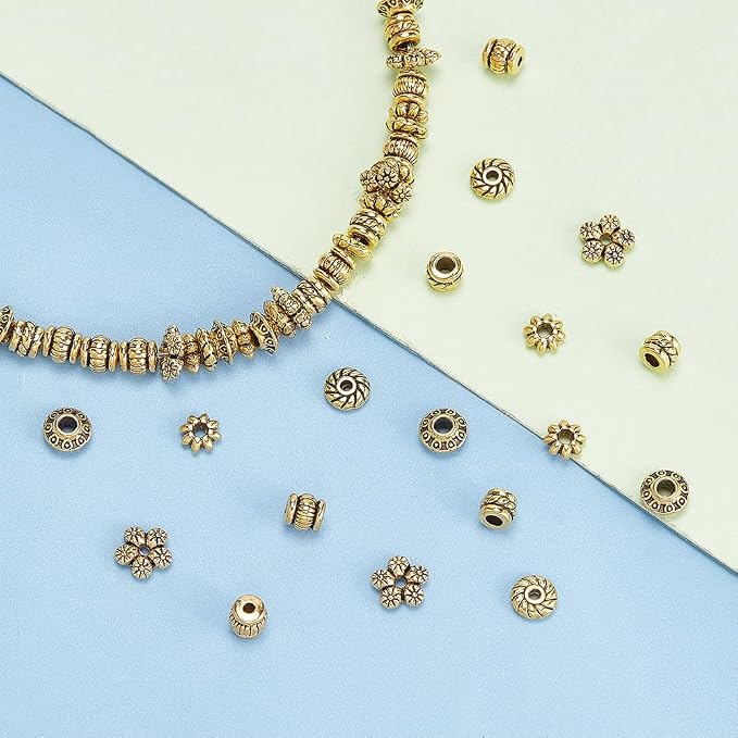 PH PandaHall 300pcs Tibetan Spacer Beads, 6 Style Antique Golden Spacers Alloy - Image 4