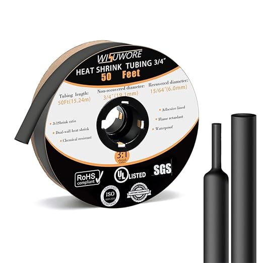 Heat Shrink Tubing, 3:1 Ratio Adhesive Lined Marine Grade Shrink Wrap Tubing,Industrial Heat Shrink Tube Electrical 1'' Black,50 Feet Roll