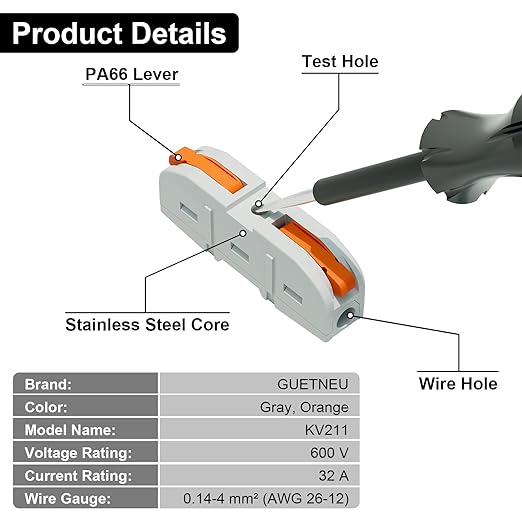 20Pcs Lever Wire Connectors, 1 Conductor Splicing Compact Splitter Docking Terminal Block Electrical Connectors for 26-12 AWG, 600V 32A (Orange)