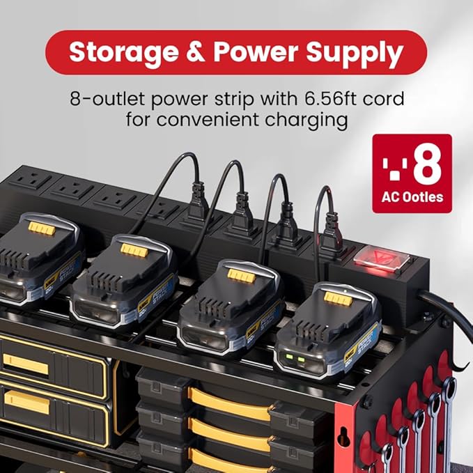 4 Layers Power Tool Organizer Wall Mount with Power Strip, Heavy Duty Metal Shelf, 400lbs Capacity for Cordless Drills, Batteries & Garage Storage (12 Slots with 8 Outlets Power Strip)