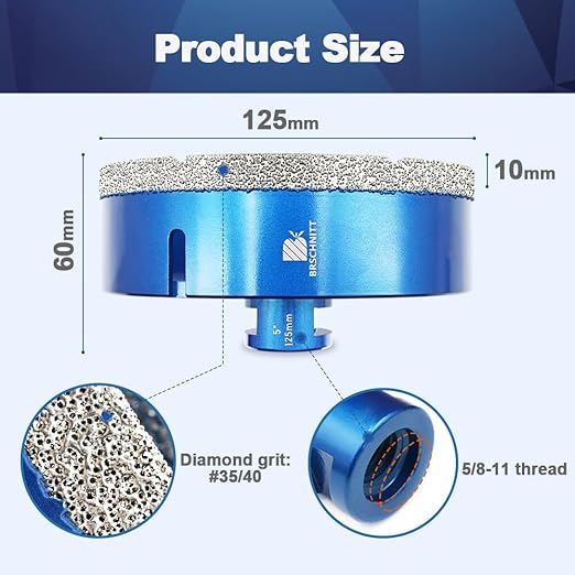 125mm Diamond Core Drill Bit for Porcelain Tile Ceramic Marble Granite Drilling,BRSCHNITT 2pcs Vacuum Brazed Diamond Hole Saw with 5/8-11 Thread (125mm 2pcs)