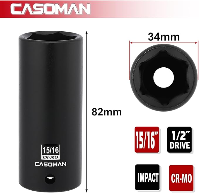 CASOMAN 1/2" Drive x 15/16" Deep Impact Socket, 6-Point, SAE, CR-MO