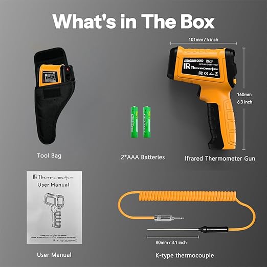 50:1 Infrared Thermometer Temperature Gun, Dual-Mode Temp Gun -58°F to 1796°F, with K-Type Thermocouple for Internal Readings, for Kilns, Industrial, and HVAC Applications
