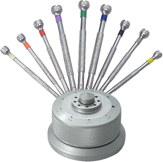 9-Piece Watchmaker Screwdriver Set with Revolving Stand & Extra Blades - Precision Screwdriver Set for Watch Repair, Jewelry, and Electronics, Includes Sizes 0.5mm to 2.5mm