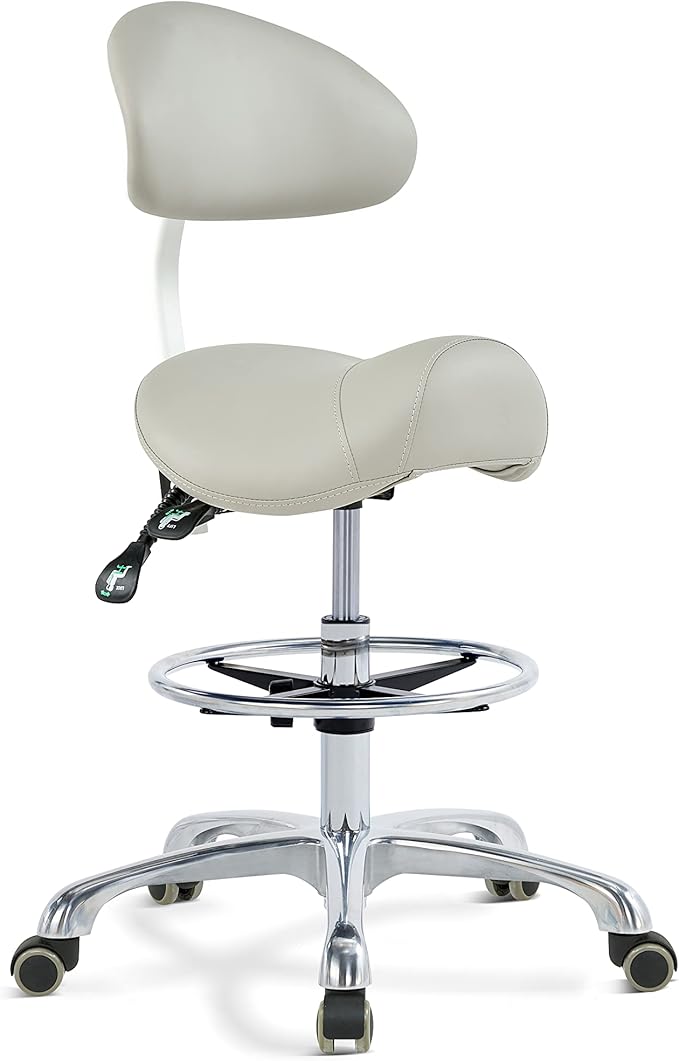 Grace&Grace Ergonomic Rolling Saddle Stool Chair with Wheels Adjustable Swivel Stool with Back and Footrest Heavy Duty for Esthetician, Artist, Dental, Medical, Spa, Salon, Cutting, Home Office