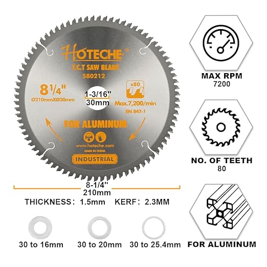 Hoteche 8-1/4-Inch Circular Saw Blade for Aluminum 80-Tooth Tungsten Carbide-Tipped Blade High-Performance Professioal Saw Blade for Miter Saw and Table Saws with 1-inch, 13/16-inch, 5/8-inch Arbor