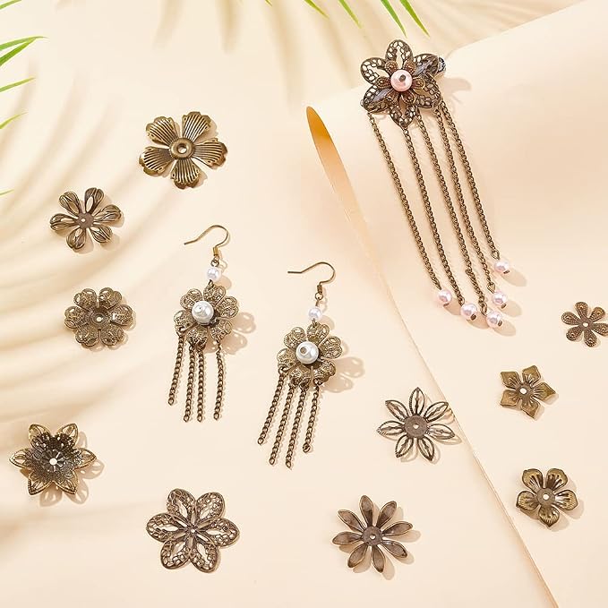 PandaHall 200pcs Flower Spacer Beads, 10 Styles Iron Flower Bead Cap Filigree - Image 4