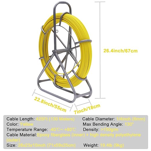 INTSUPERMAI 6mm 425FT Duct Rodder Fish Tape Fiberglass Wire Cable Running Rod Reel Wire with Durable Steel Stand, Fishtape Puller Conduit Puller with 2pcs Copper Tips