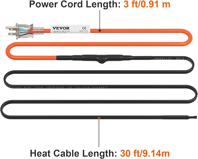 VEVOR Self-Regulating Pipe Heating Cable, 30-feet 5W/ft Heat Tape for Pipes Freeze Protection, Protects PVC Hose, Metal and Plastic Pipe from Freezing, 120V