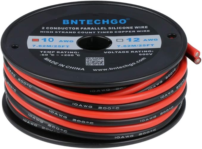 BNTECHGO 10 Gauge Flexible 2 Conductor Parallel Silicone Wire Spool Red Black High Resistant 200 deg C 600V for Single Color LED Strip Extension Cable Cord,Model,25ft Stranded Tinned Copper Wire