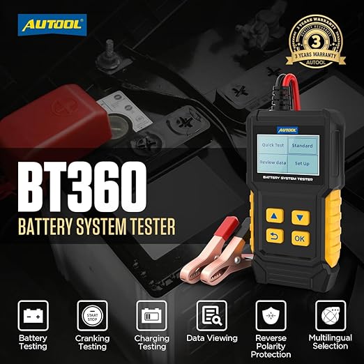Car Battery Tester 12V Battery Load Tester AUTOOL BT360 6V-30V DC Charging Cranking Test 100-2000 CCA Automotive Alternator Tester Digital Auto Battery Analyzer for Vehicle Truck Motorcycle SUV Boat