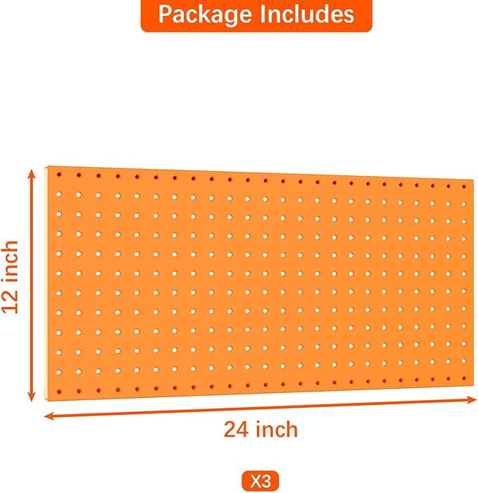 TORACK 3Pcs Metal Pegboard Panels(12x24 inch) for Wall Garage Tools Storage Pegboard for Workbench, Modular Peg Board Tool Organizer Board Kit(Pack of 3, Orange)