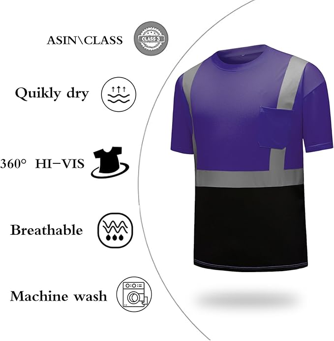 High Visibility Shirts Quick Dry Safety T Shirts with Reflective Strips and Pocket Short Sleeve Mesh Hi Vis Construction Work Class 2 Shirt for Men/Women Black Bottom Purple,Small