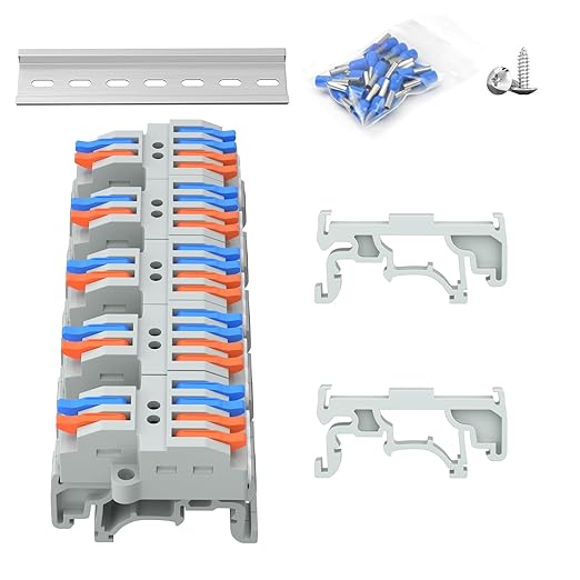 5Pcs Lever Wire Connectors, 2 in 4 Out, Push-in, 4-2.5 mm² Quick Wiring DIN Terminal Blocks, 30Pcs Wire Ferrules Terminals & 5.51 Inch DIN Rail Included