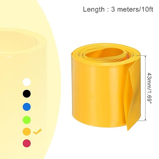 MECCANIXITY Battery Wrap PVC Heat Shrink Tubing 26mm Dia 43mm Flat 10 Feet(3meters) Yellow Good Insulation for Battery Pack