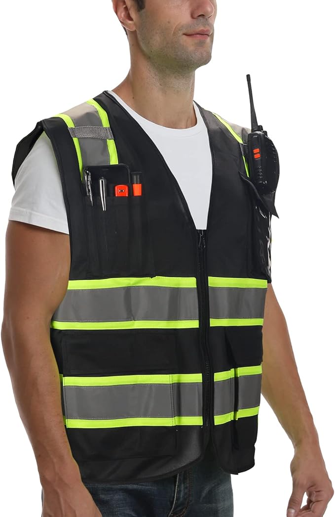 9 Pocket Hi Vis Safety Vest with Reflective Strips - Zipper Construction Work Vest for Men & Women - Black, 3XL