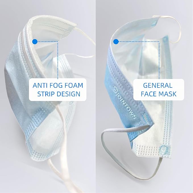 Jointown Anti-fog 3-ply Disposable Face Mask, Face Mask with Efficient Filter Media for Adult, Adjustable and Soft Nosepiece, Box of 50 pcs