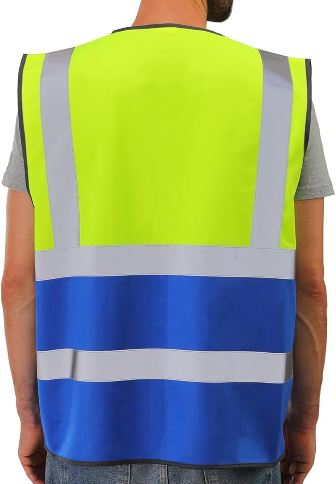 Dib Safety Reflective Vest High Visibility with Pockets and Zipper, Yellow and Blue L
