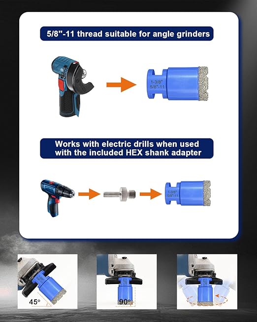 Diamond Tile Hole Saw Kit - 10Pcs 1/4'', 5/16'', 3/8'', 1'', 1-3/8'', 2'', 2-1/2'' Drill Bits, 4/5'' Drilling Milling Bit, 2'' Beveling Chamfer Bit, Adapter for Porcelain Tile Ceramic Granite Marble