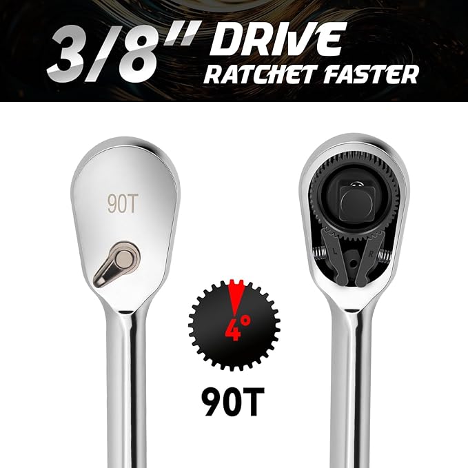 DISEN 3/8" Drive Ratchet,90-Tooth Ratchet Wrench with 10" Handle and Dust Proof Teardrop Enclosed Head, Reversible, CR-V Steel Made, CR-MO Head, Full Polished, Gifts for Men