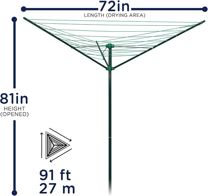91 FT Umbrella Clothesline Outdoor - Clothes Line Outdoors Green Painted Steel Frame with Ground Socket - Clotheslines for Outside Laundry Drying, Washing Line for Hanging Clothes, Sheets etc
