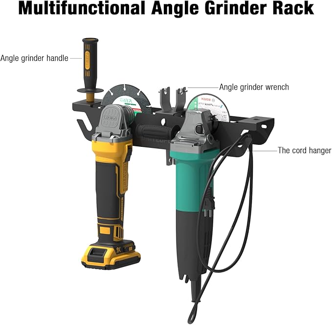 UNITEDPOWER Angle Grinder Holder - 2 Bay Angle Grinder Rack/Stand Storage Rack with Cord Hanger, Wall mount Bracket for Cutters Polishers, Garage and Workspace.