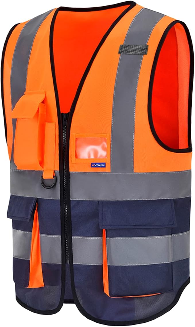 A-SAFETY High visibility vest,Reflective Safety Vest Workwear 7 Pockets Hi Vis Durable Vest with Reflective Tapes 4 Lower Pockets,Orange&Navy XXXL