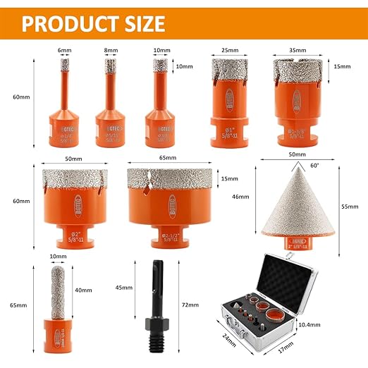 Diamond Core Drill Bit Kit BGTEC Diamond Hole Saw Tile Cutter for Porcelain Tile Ceramic Marble Brick, 5/8"-11 Thread 6/8/10/25/35/50/65mm+10mm Finger Bit+50mm Chamfer Bit+SDS Plus Adapter
